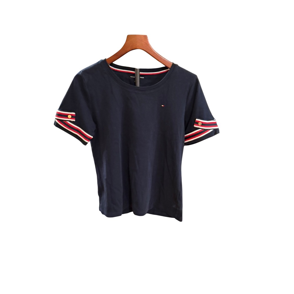 Tommy Hilfiger Womens Navy Short Sleeve Striped Cuff T-Shirt Natural‎ Fiber sz L